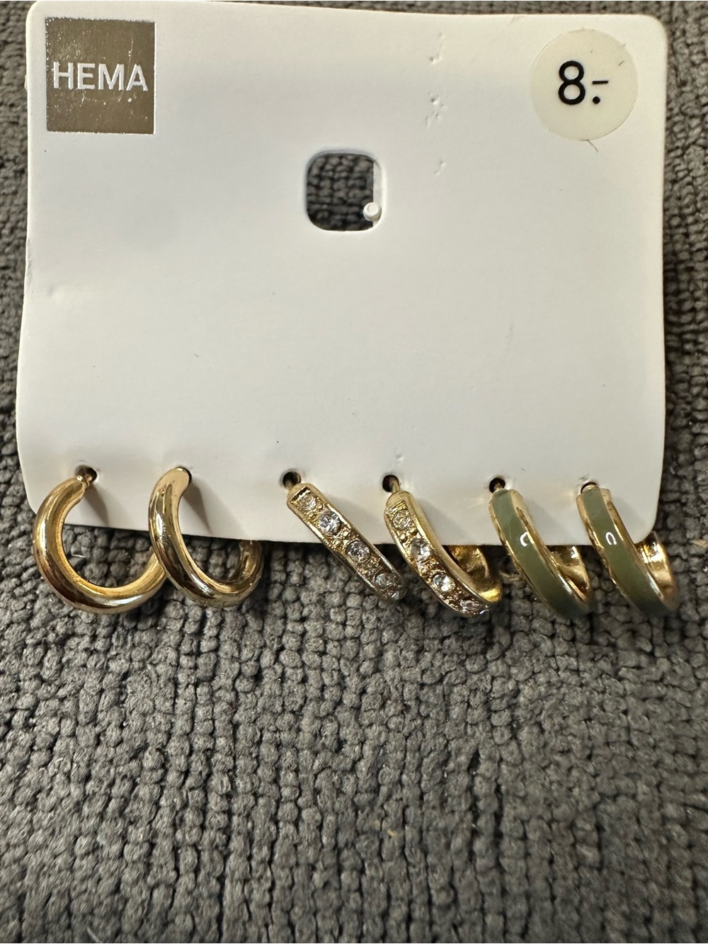 Hem Gold Hoop Earring Trio with Green Enamel and Crystal Details